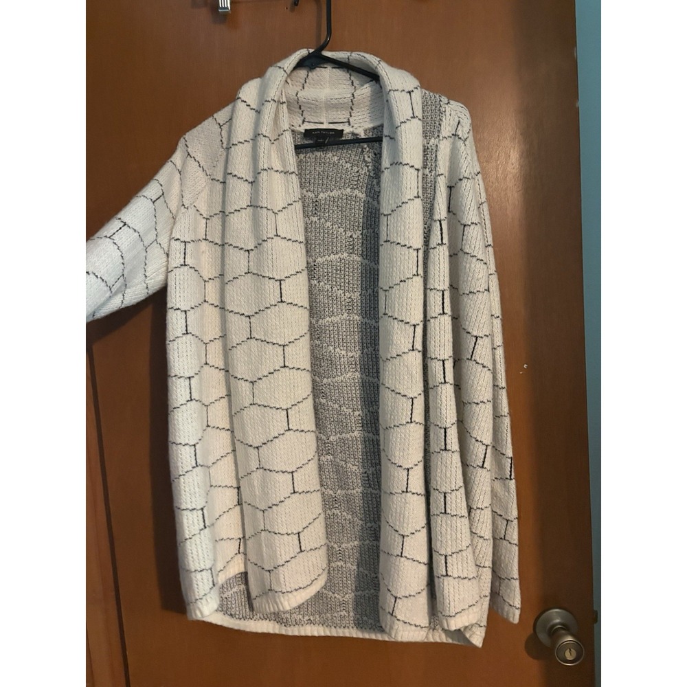 Ann Taylor Womens Small WhiteBlack Geometric Honeycomb Open Cardigan Sweater 381